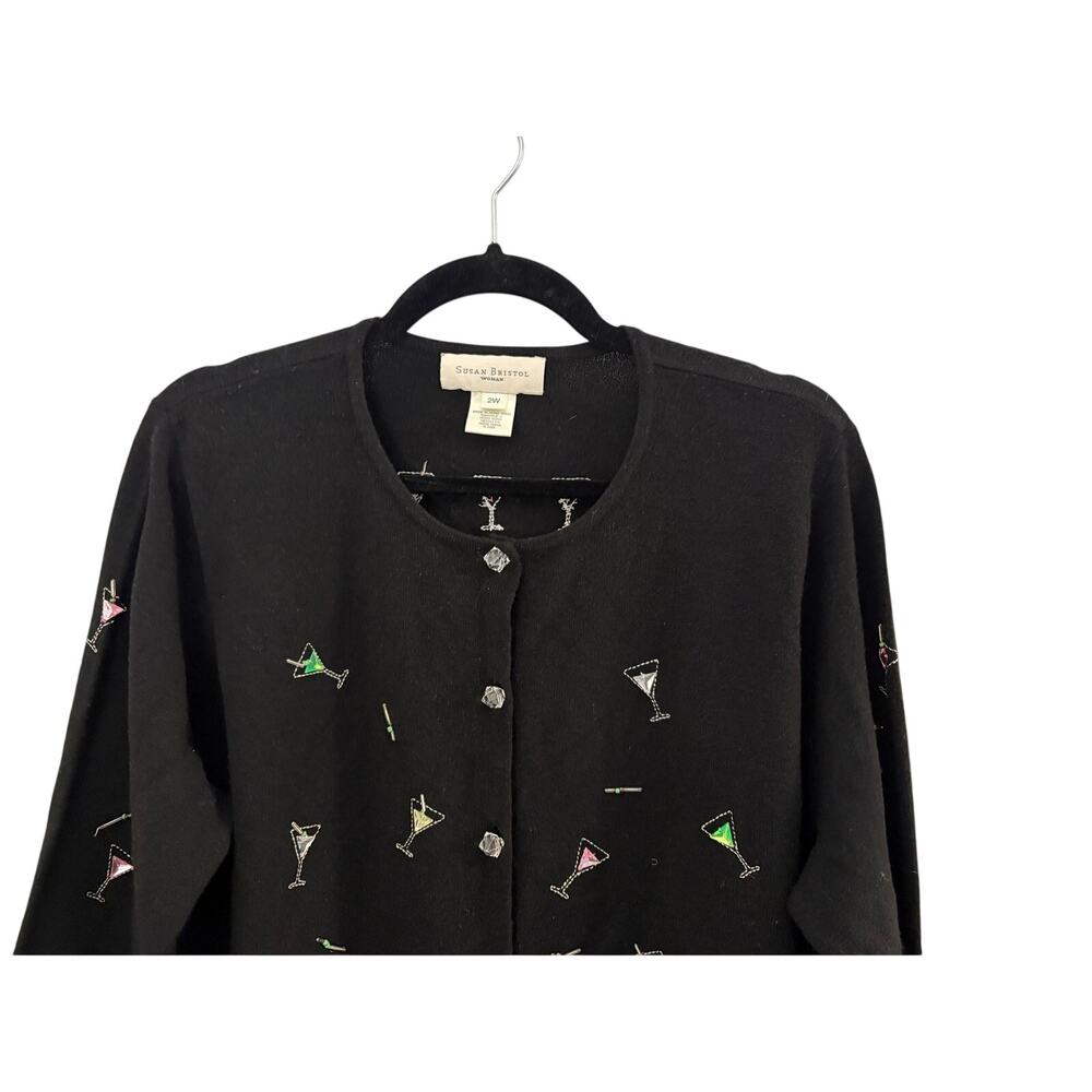 Susan Bristol Martini Glass Cardigan Sweater NEW Beaded Black Ice Cube Buttons - Picture 2 of 12